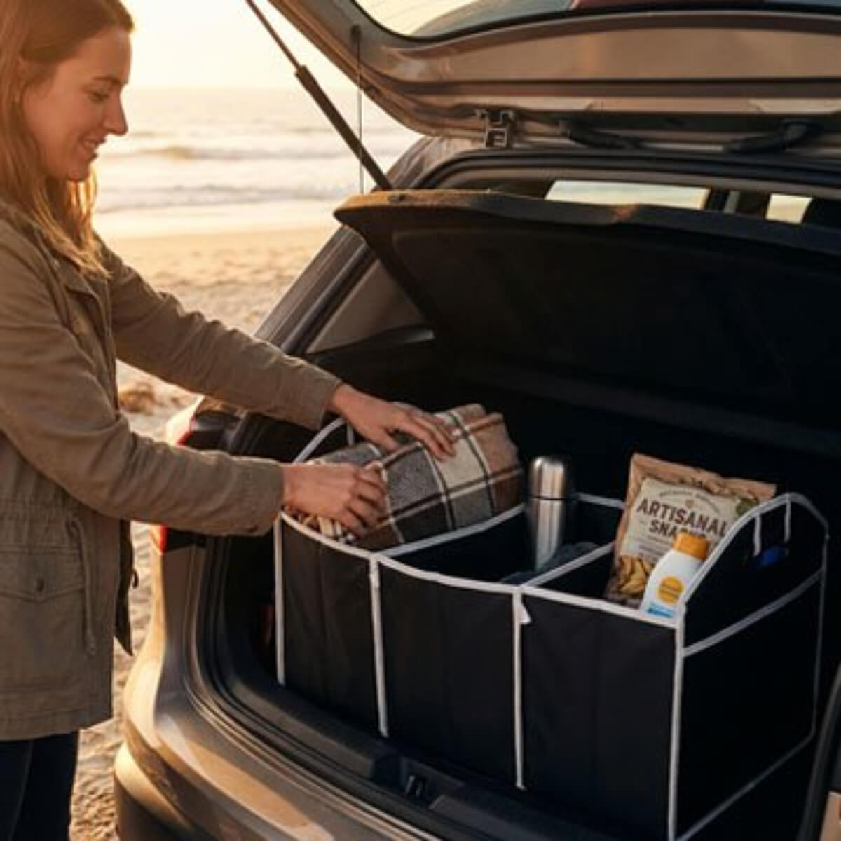 Rangement coffre voiture Armature rigide avec bordures blanches Assure maintien forme même à vide améliore visibilité contenu