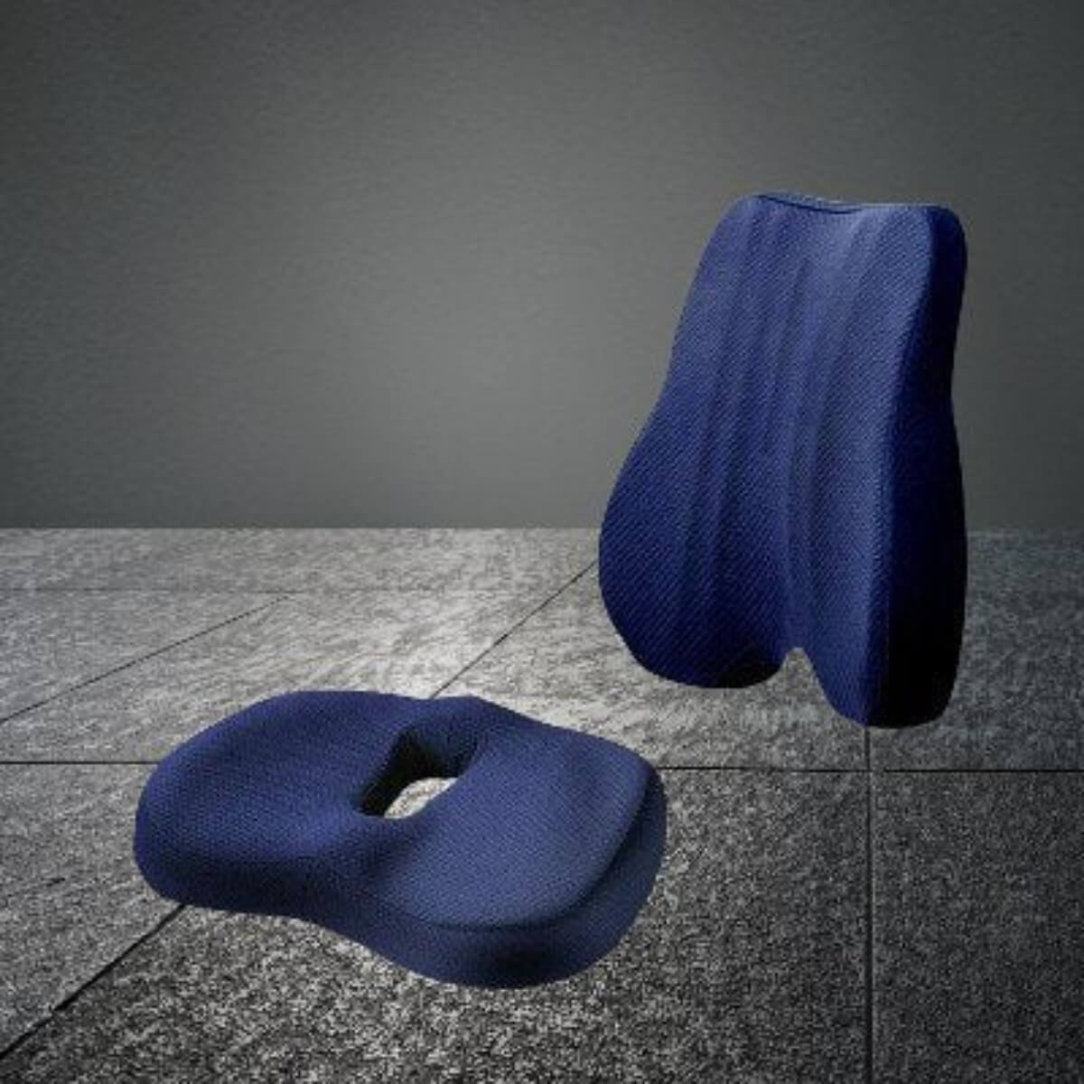 ensemble coussin ergonomique coccyxreliefhip bleu mousse mémoire de forme s'adapte précisément à la morphologie du dos et du bassin